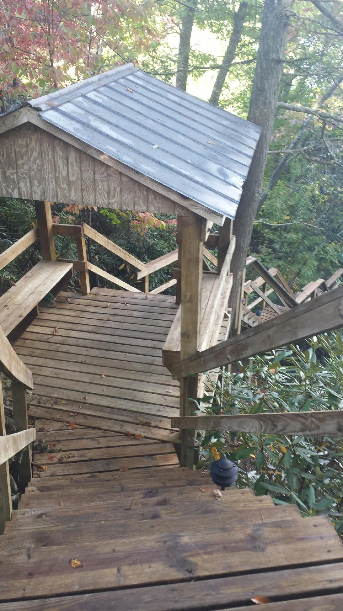Metal roofed shelter over wooden steps on a wooded walkway — Skylight Repair & Installation work by our crew in Winnsboro